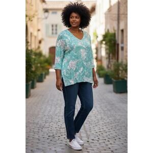 NWT Chico's 3 XL Cool Paisley 100% Linen Tunic Knit Top 3/4 Sleeve Soft Oasis